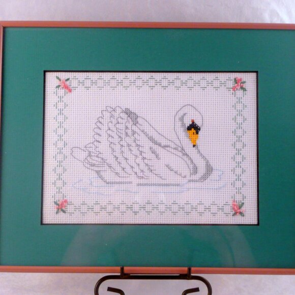 Pair Elegant Regal Swans Cross Stitch Framed Art Wall Decor 8.5" x 10.5" - Picture 2 of 8